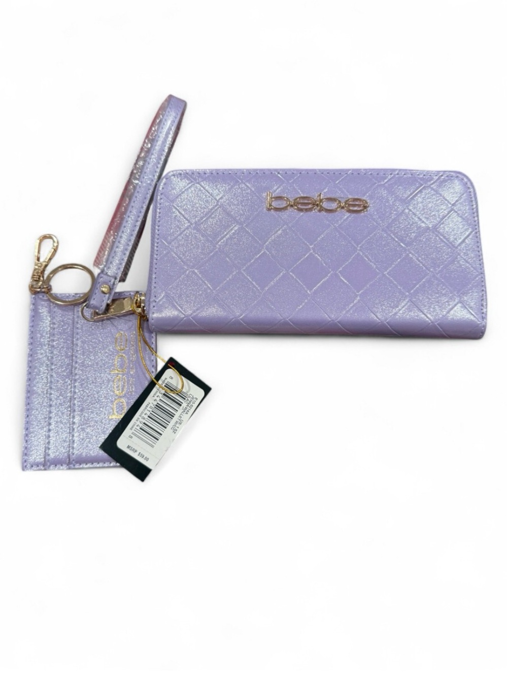 bebe Quilted Shimmer Wristlet Wallet in Lavender with Gold Hardware
